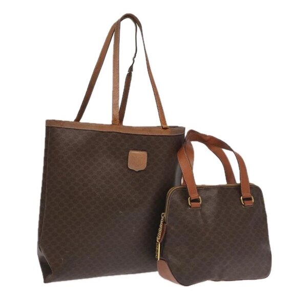 CELINE Macadam Canvas Tote Bag PVC Leather 2Set Brown - Picture 1 of 16